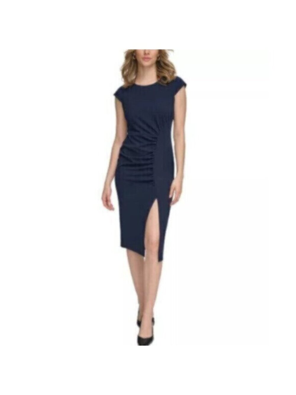 NWT Calvin Klein Navy Blue Side-Ruched Scuba Crepe Sheath Dress - Picture 17 of 17